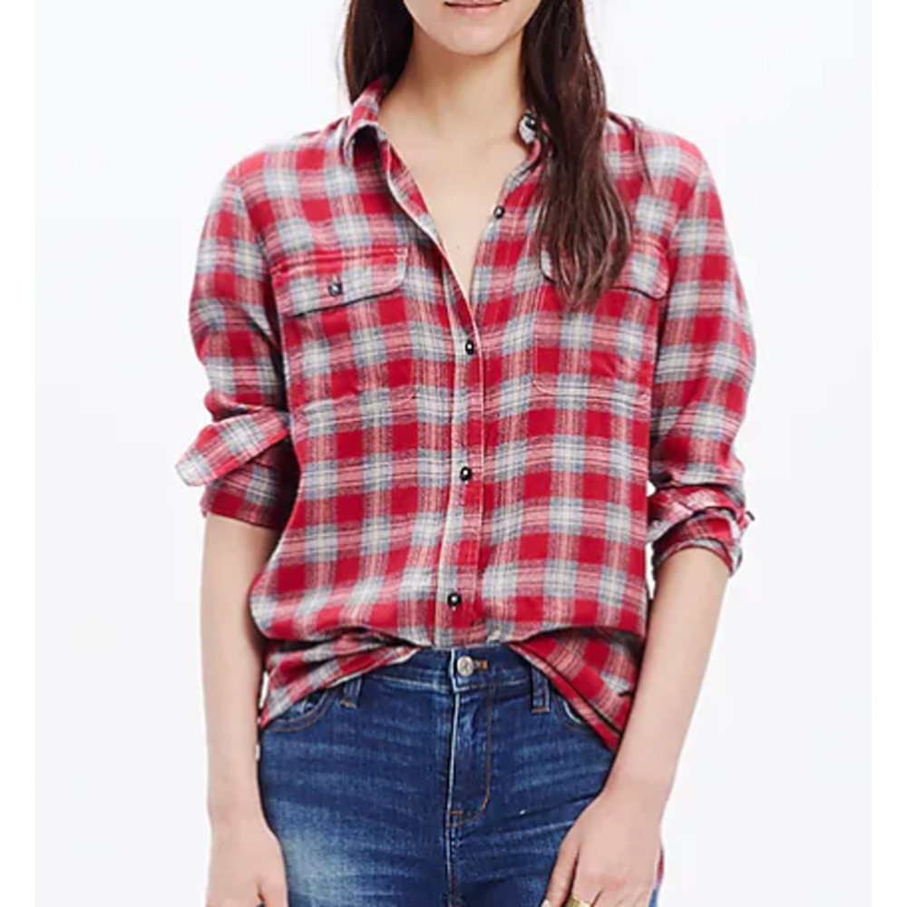 Madewell Women's Ex-Boyfriend Shirt S Red Gray Fairfax Plaid Button Up EUC!